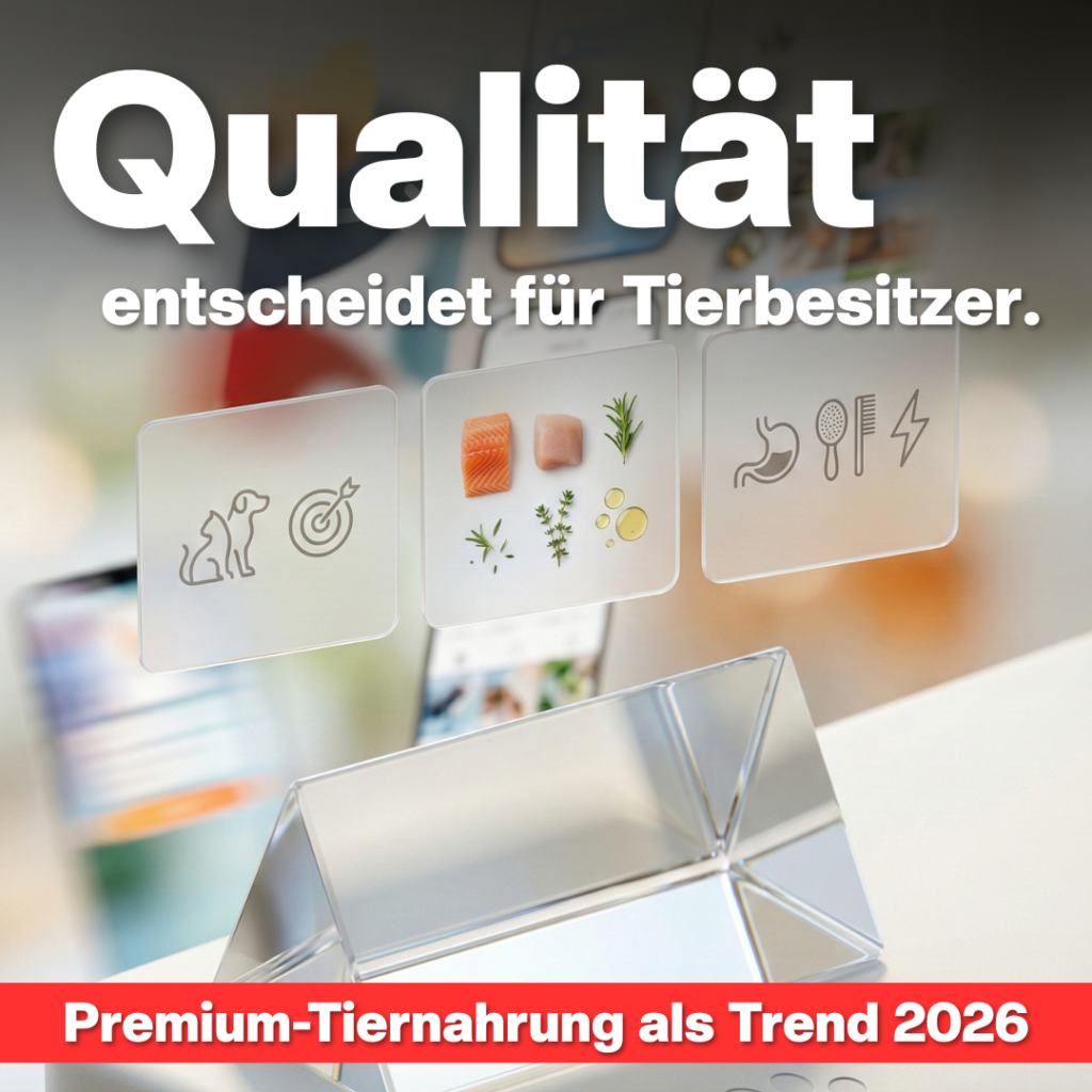 Headerbild mit dem Text Qualität entscheidet für Tierbesitzer, Fokus auf Premium- und Human-Grade Tiernahrung, Symbolik von Nahrungsmitteln und Transparenz, Gläserpräparat im Vordergrund.