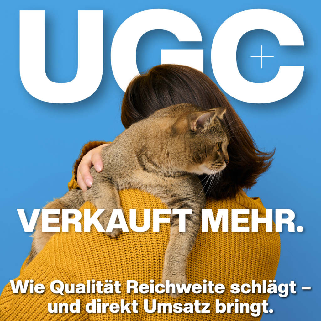 Luxregia Headerbild mit einer Person, die eine Katze umarmt vor blauem Hintergrund; UGC-Fokus und Social-Mew-Strategien werden angedeutet.