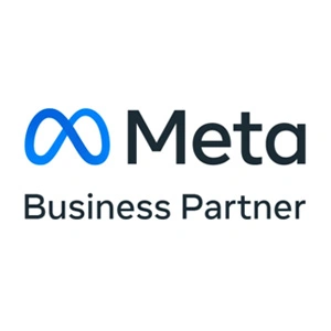 Meta Business Partner Logo mit dem blauen Meta-Unendlichkeitszeichen und Schriftzug in Grau auf hellem, weißem Hintergrund