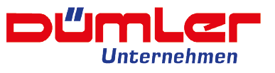 Logo der Firma Dümler Unternehmen in roter Schrift mit blauen Akzenten auf weißem Hintergrund, klare Typografie und markante Farbgebung
