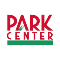 Logo „PARK CENTER“ mit rotem Schriftzug und grünem Querbalken, schwarze Hinterlegung und klaren Konturen – prägnantes Markenmotiv.