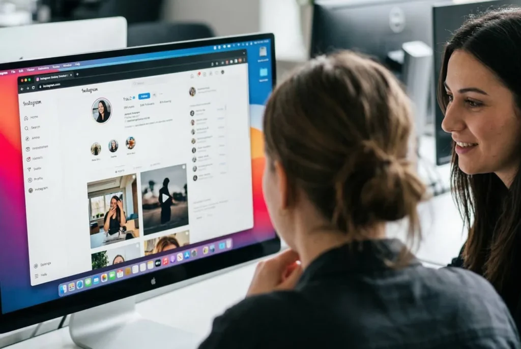Großer Monitor zeigt Instagram-Oberfläche, zwei Personen arbeiten an der Content-Planung für Luxregia im Umfeld einer modernen Büro-Szene; Fokus liegt auf Social-Media-Layout und Team-Interaktion.