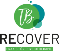 Logo Physio Brall mit grünem Kreis und blauem Element, Schriftzug RECOVER sowie „Praxis für Physiotherapie“ in schwarz/weiß.