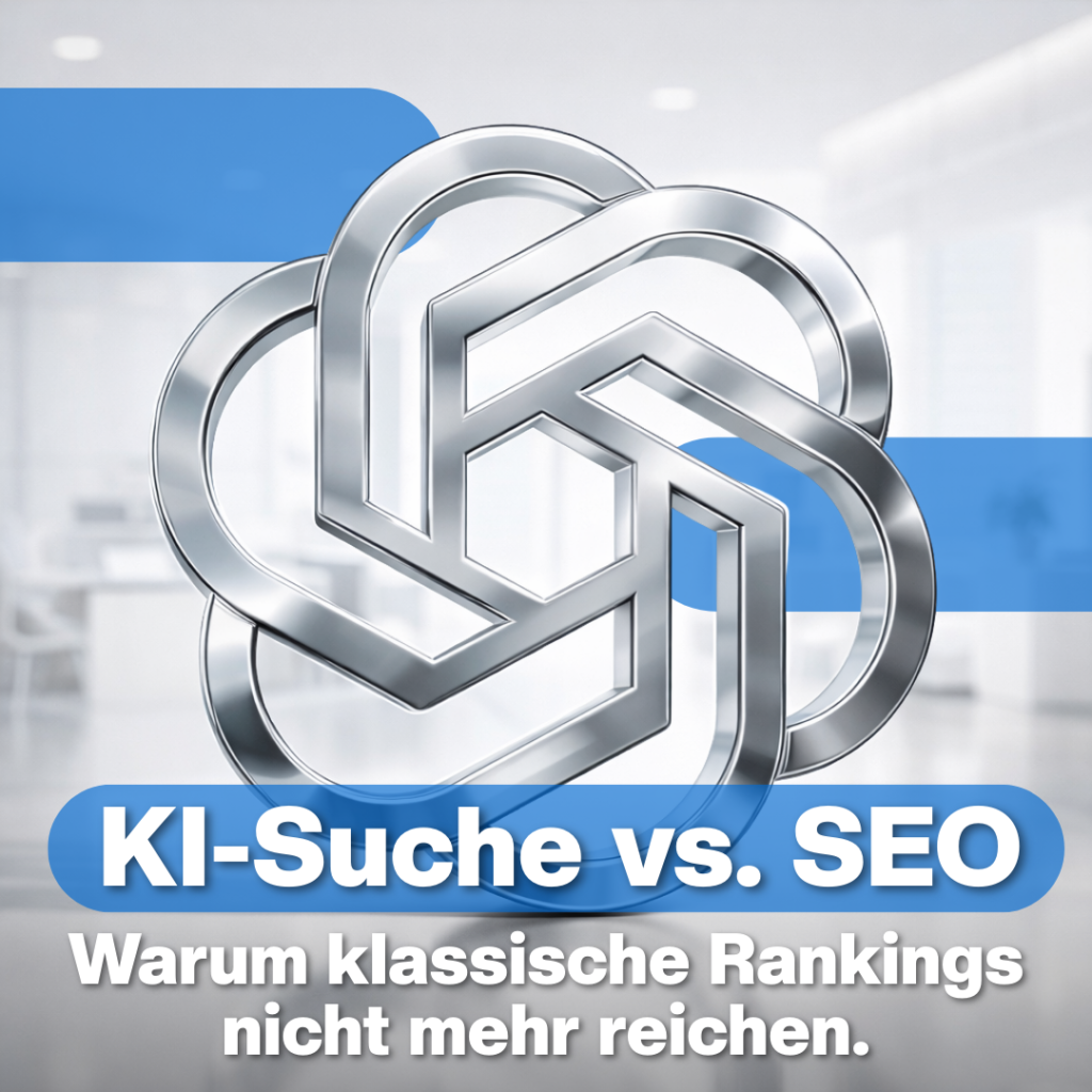 Luxregia Blogcover: Verknüpftes Metall-Logo in silbermetallic mit blauem Hintergrund, thematisiert KI-Suche vs. SEO und enthält Markennamen wie Luxregia, Google und Perplexity