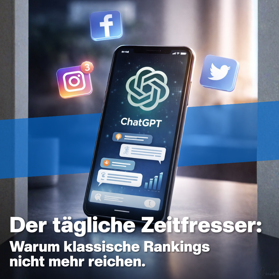 Schwarzes Smartphone-Display mit dem ChatGPT-Logo, umgeben von Social-Media-Icons (Facebook, Instagram, Twitter) auf einem blauen Overlay-Hintergrund.