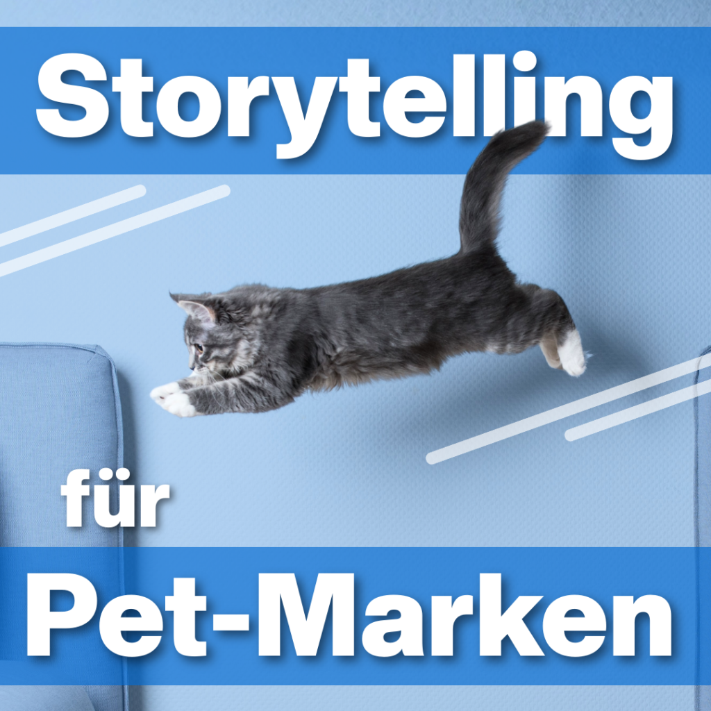Blaues Bannerbild mit einer springenden Katze; Textüberlagerung 'Storytelling für Pet-Marken' – Alt-Text für SEO inklusive Katzenmotiv und farbiger Hintergrundgestaltung