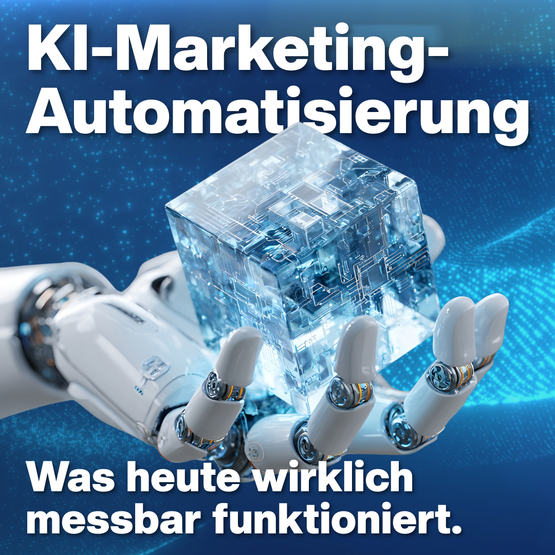 Luxregia Headerbild mit blauem Farbton, einem gläsernen Würfel und einer silbernen Robotik-Hand, thematisiert KI-Suche und Automatisierung im digitalen Marketing.