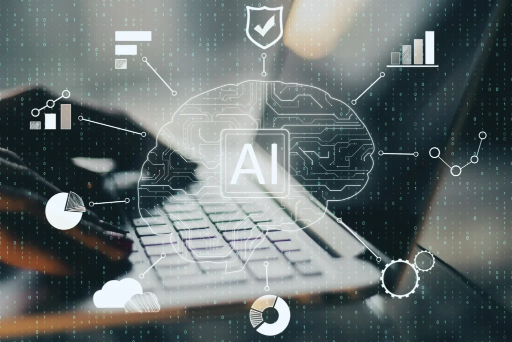 Nahaufnahme von Händen, die auf einer Laptop-Tastatur tippen, während eine AI-Überlagerung mit Kurvenlinien, Diagrammen und Symbolen den Bildschirmrand verziert
