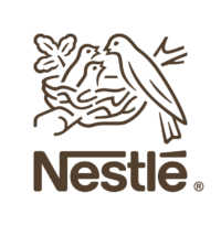 Nestlé Logo mit stilisiertem Vogel und Lorbeer-/Laubkranz, darunter das Schriftzug „Nestlé“. Farbton braun auf schwarzem Hintergrund.