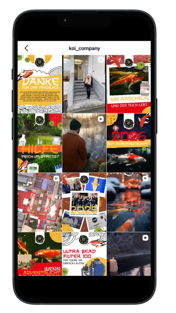 Schwarzes Smartphone-Display mit koi_company Collage aus Heimtier-Ads: Koi-Motive, farbige Designs und Texte wie „DANKE“ sowie „EIN RASCHEN...“.