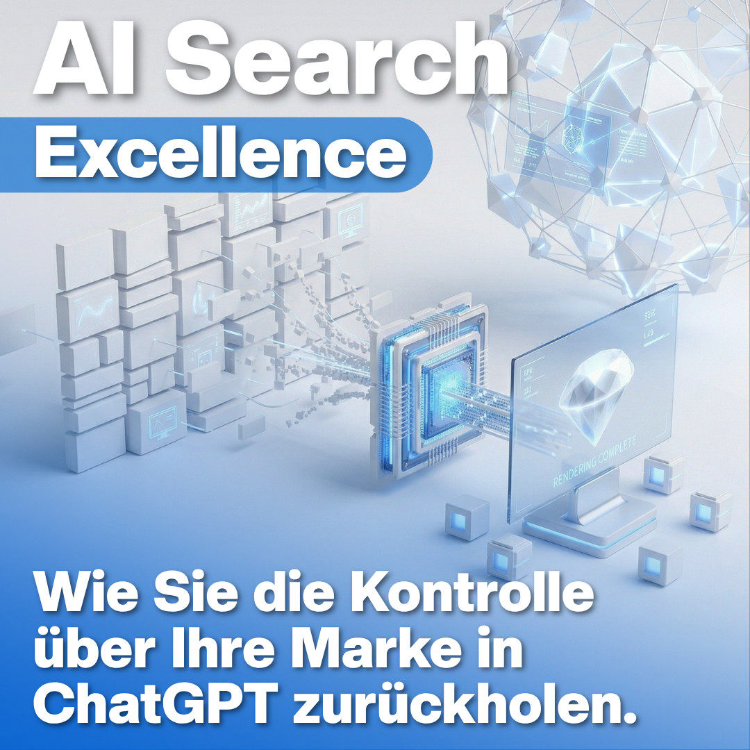 Luxregia AI Search Excellence: blaues 3D-Daten-Interface mit ChatGPT, KI-Sichtbarkeit und generativer Informationssuche in antwortbasierten Systemen.