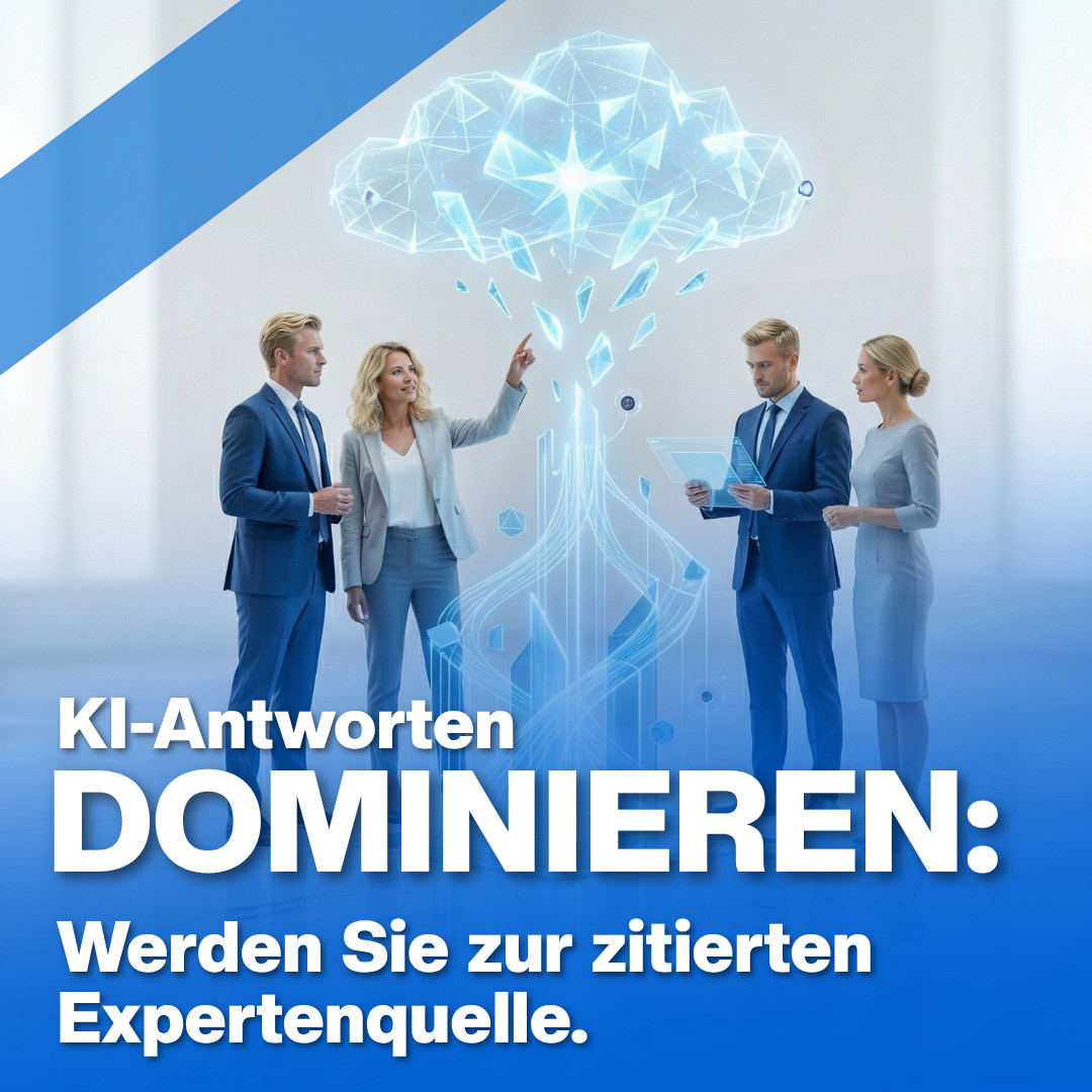 KI-Antworten dominieren: blau-weiße Digital-Visualisierung mit Team, ChatGPT, Gemini und Perplexity sowie klarer Headline „KI-Antworten DOMINIEREN“