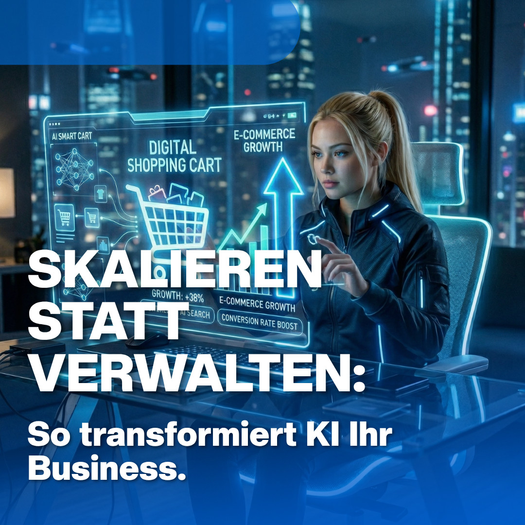Blau beleuchtete KI- und E-Commerce-Anzeigen mit Wachstumsdiagrammen sowie digitalen Hologrammen, Person am Laptop und Text „Skalieren statt Verwalten“.