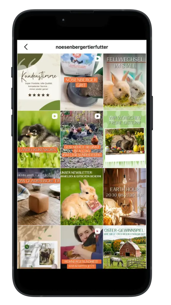 Noesenberger-Tierfutter auf schwarzem Handy: Klickensterne, Kaninchenfutter und Aufmacher wie „FELLWECHSEL IM STALL“ sowie „Wir wünschen frohe Ostern!“