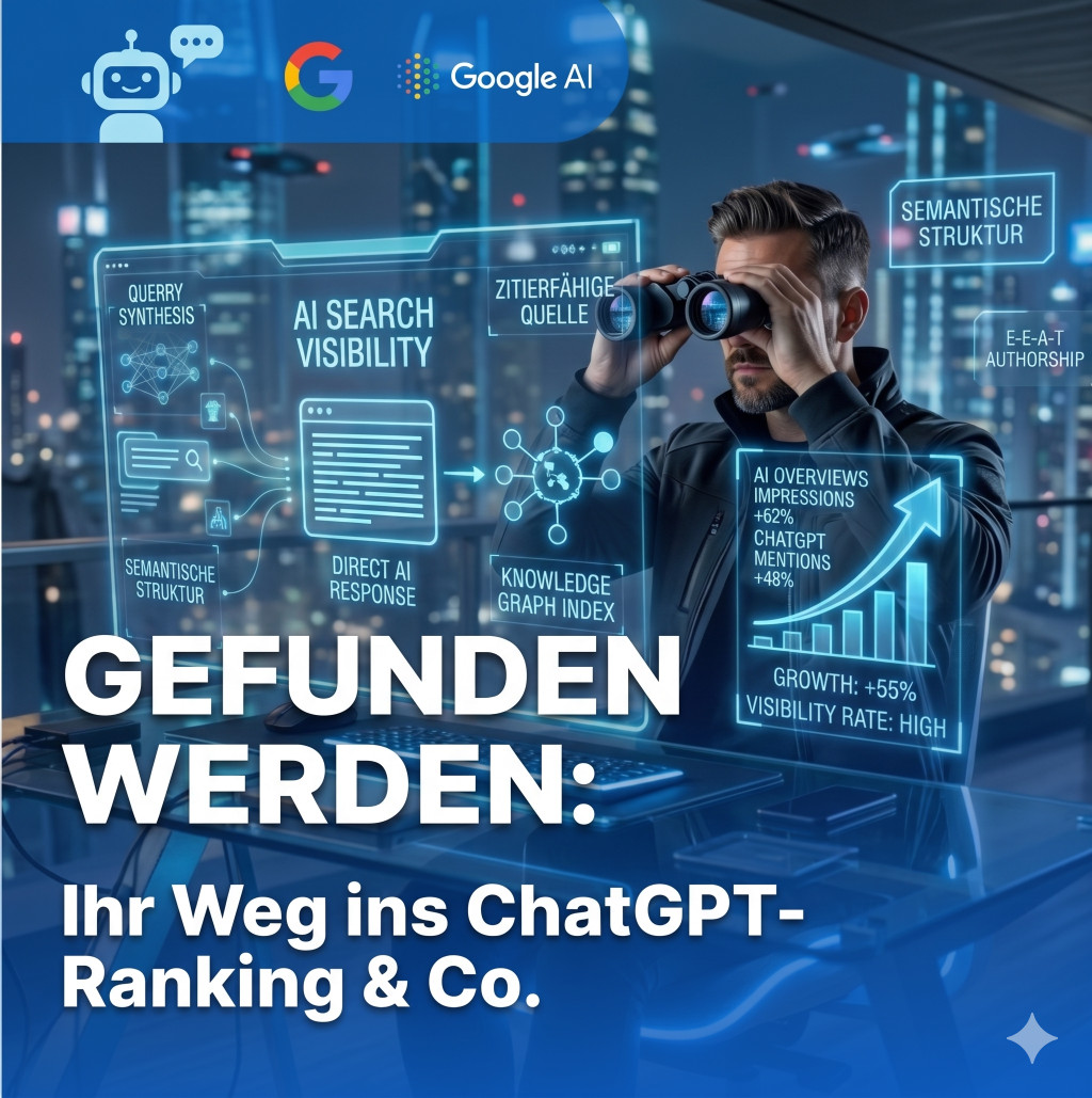 Im blauen, futuristischen Setup beobachtet ein Mann mit Fernglas KI-Suche, ChatGPT und Google AI; groß steht: Gefunden werden im Ranking.