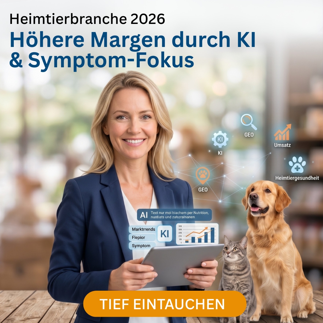 Blaues Business-Outfit mit KI-Visuals: Heimtierbranche 2026 für KI & Symptom-Fokus, GEO und Umsatz-Icons neben Hund und Katze.