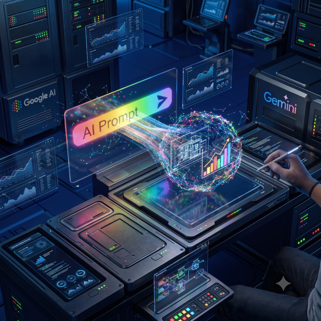 Futuristische KI-Analysen zeigen einen AI Prompt, der Daten für bessere Prompting-Strategien mit Gemini, ChatGPT und generativer Suche verbindet.