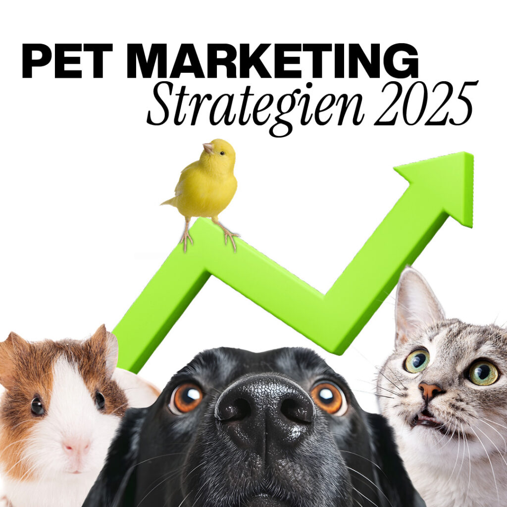 Luxregia Pet Marketing Strategien 2025: Hundeaugen, Katze, Vogel auf einer leuchtend grünen Aufwärtskurve, Begriffserklärung der Heimtiermarketing-Strategien