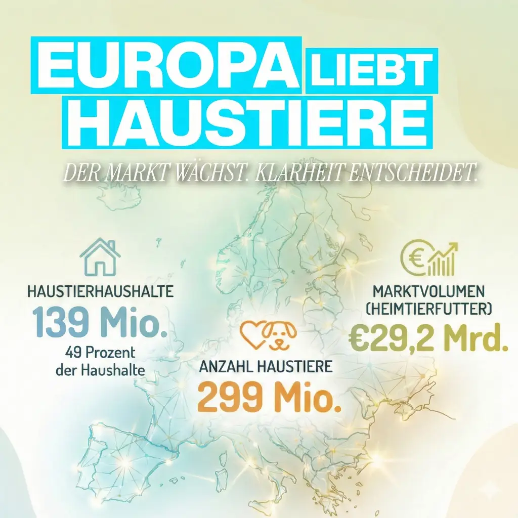 EUROPA LIEBT HAUSTIERE – Infografik mit Statistiken zu europäischen Haustierhaushalten, Besitzerzahlen und Marktvolumen, prominent in Blau zu lesen, Hinweis auf Luxregia