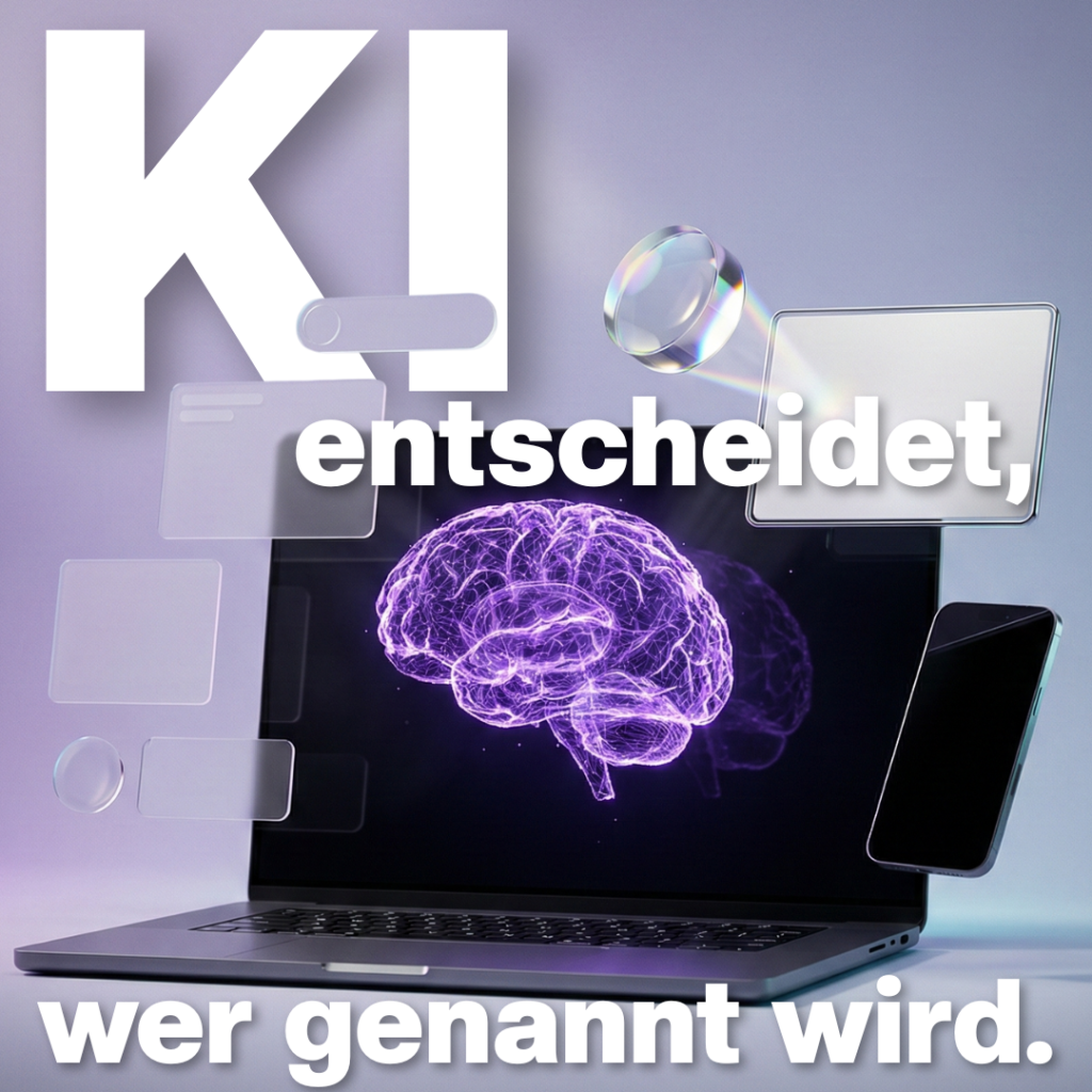 KI-basierte Darstellung auf Laptop mit leuchtendem lila Gehirn, Bezug zu ChatGPT, Gemini und Perplexity, thematisiert Generative Engine Optimization