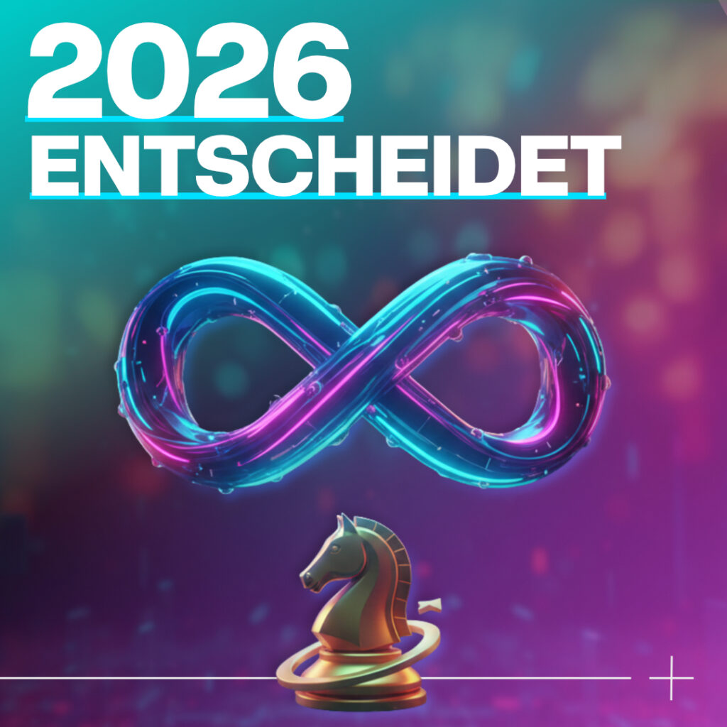 Luxregia Headerbild in bunten Farben mit Unendlichkeitssymbol und einer Springer-Schachfigur, Text '2026 entscheidet' – visuelle Darstellung einer strategischen Marketingführung für das Jahr 2026.