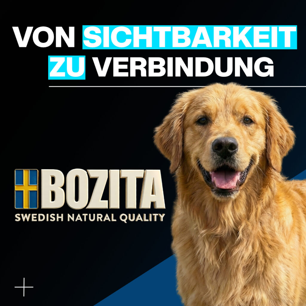 Bozita Markenlogo neben einem goldbraunen Hund vor dunklem Hintergrund, farblich akzentuiert mit Blau- und Weißtönen, Darstellung der schwedischen Qualitätsmarke