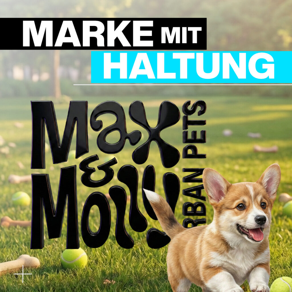 Luxregia Blogbild mit Max & Molly Pensionshunde-Markenkampagne, Hund im Vordergrund auf grünem Rasen, Logo-Textmarken "Max & Molly" und Haltung sichtbar