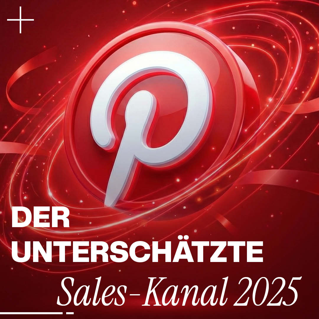 Pinterest-Logo in weißem Schriftzug auf rotem Hintergrund mit leuchtenden Spiralen; Headerbild für Marketing-Artikel von Luxregia über Pinterest-Marketing 2025.