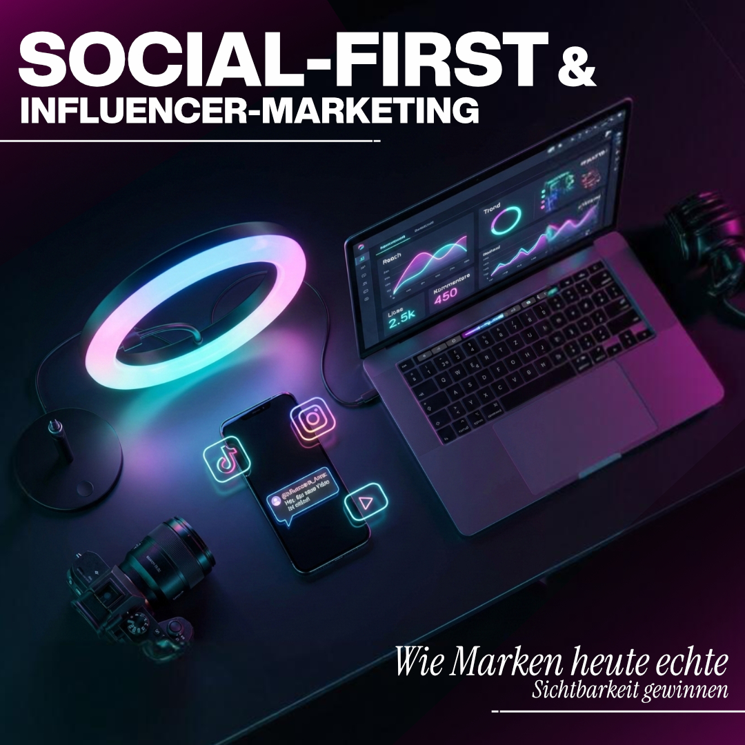 Luxregia Neon-Setup mit Laptop, Ringlicht und Kamera-Equipment – Social-First & Influencer-Marketing im Fokus, dunkles Studio mit farbigen Akzenten