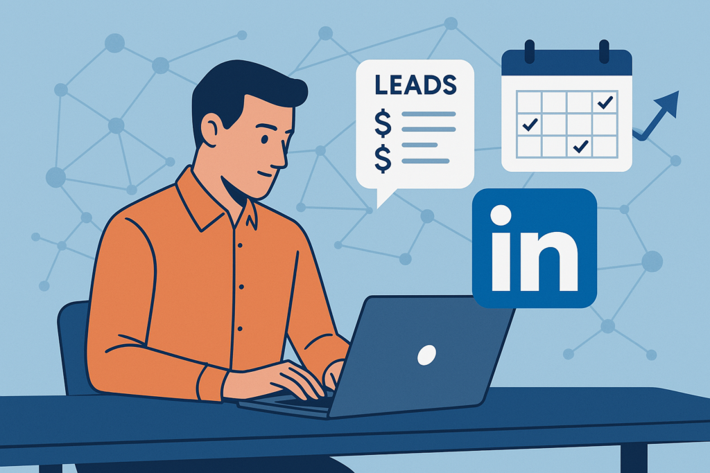 Illustration zur Leadgenerierung über LinkedIn: Mittelstand im Vertrieb mit Laptop, Leads-Board, Kalender-Symbolen und Netzwerk-Linien in Blau und Orange.